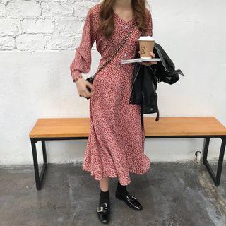 Long-sleeve Floral Midi Dress / Faux Leather Jacket