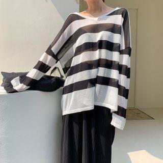 V-neck Oversized Sheer Stipe Knit Top