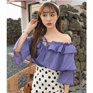 Off-shoulder Tiered Elbow-sleeve Chiffon Top