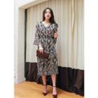 V-neck Long-sleeve Gathered-waist Tiered Pattern Long Dress
