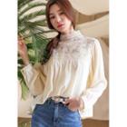 Lace-trim Flower-embroidered Blouse Light Beige - One Size
