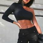 Plain Long-sleeve One-shoulder Crop Tank Top