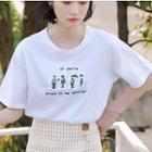 Applique Short-sleeve T-shirt / Plaid A-line Skirt