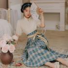 Set: Short-sleeve Stand Collar Blouse + Tie-waist Plaid Midi A-line Skirt