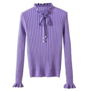 Ruffles Stand Collar Bow Accent Knit Top
