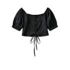 Short-sleeve Square Neck Lace-up Cropped Blouse