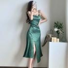 Spaghetti-strap Cowl Neck Slit A-line Dress