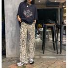 Lettering Elbow-sleeve T-shirt / Printed Wide-leg Pants