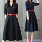 Dotted Long-sleeve A-line Dress With Belt