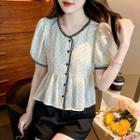 Puff Sleeve V-neck Dot Print Lace Trim Peplum Blouse