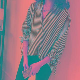 3/4-sleeve Striped Blouse As Shown In Figure - One Size