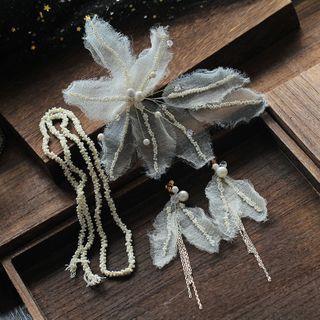 Wedding Set: Bead Hair Tie + Mesh Faux Pearl Headpiece + Dangle Earring Set Of 3 - Hair Tie & Headpiece & 1 Pair - Dangle Earring - Clip-on Earring - As Shown In Figure - One Size