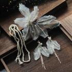 Wedding Set: Bead Hair Tie + Mesh Faux Pearl Headpiece + Dangle Earring Set Of 3 - Hair Tie & Headpiece & 1 Pair - Dangle Earring - Clip-on Earring - As Shown In Figure - One Size