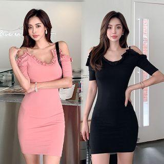 Short-sleeve Cold Shoulder Frill Trim Mini Bodycon Dress