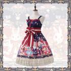 Cartoon Print Spaghetti Strap A-line Dress / Rabbit Ear Headband / Bow Headband / Set