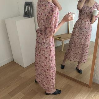 Square-neck Deep-slit Floral Maxi Dress