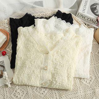 Lace-trim Elbow-sleeve V-neck Shirt