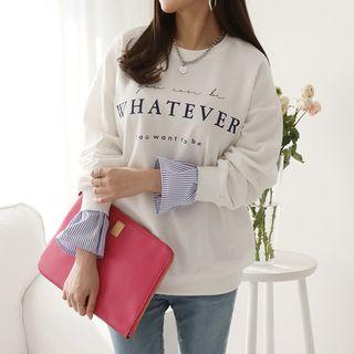 Striped Frill Sleeve Printed Sweatshirt