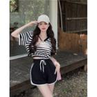 Elbow-sleeve Striped T-shirt / Contrast Trim Piped Shorts