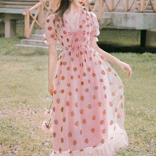 Short-sleeve Mesh Ruffled Strawberry Print Midi A-line Dress