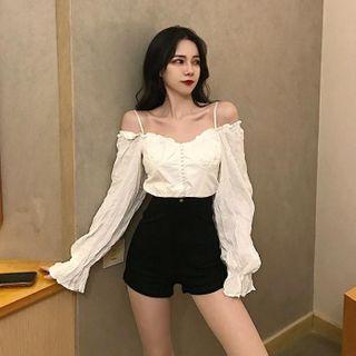 Cold-shoulder Long-sleeve Top White - One Size