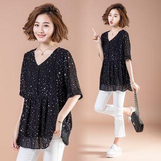 Elbow-sleeve Star Print Chiffon Blouse