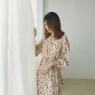 Long-sleeve Floral Print Midi Chiffon Dress Almond - One Size
