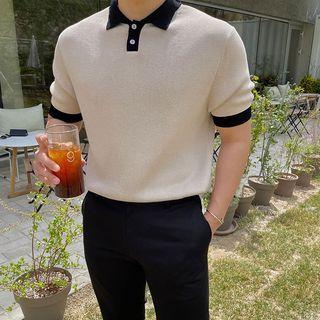 Short-sleeve Polo Collar Color Block Knit Top