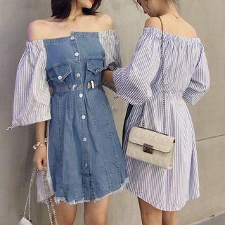 3/4-sleeve Denim Paneled Striped A-line Mini Dress