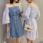 3/4-sleeve Denim Paneled Striped A-line Mini Dress