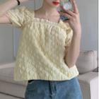 Puff-sleeve Square-neck Shirred Blouse Almond - One Size