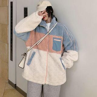 Stand-collar Color Block Fleece Jacket Blue & Pink & White - One Size