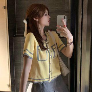 Short Sleeve Contrast Trim Knit Top Yellow - One Size