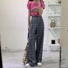 Short-sleeve Print Cropped T-shirt / Plaid Wide-leg Pants