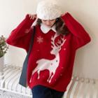 Fleece Collar Reindeer Print Sweater