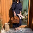 Long-sleeve Tie-waist Slit Midi Shirtdress