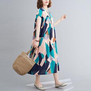 Short-sleeve Print Midi Dress Pale Pink & Aqua Green & Dark Blue - One Size