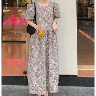 Puff-sleeve Floral Midi A-line Dress Floral - Blue - One Size