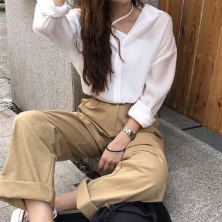 High-waist Straight Leg Pants / Plain Shirt