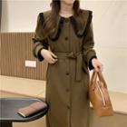 Long-sleeve Collared Button-up Midi Sheath Dress