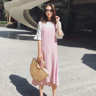 Set: Elbow-sleeve T-shirt + Spaghetti Strap A-line Midi Dress