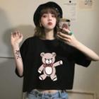 Elbow-sleeve Bear Print Cropped T-shirt