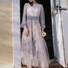Mesh Embroidered Long-sleeve Maxi A-line Dress