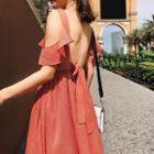 Striped Open Back Short-sleeve A-line Dress