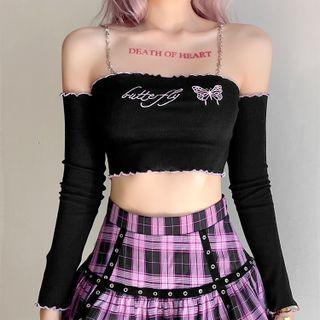 Long-sleeve Butterfly Embroidered Chain Strap Cropped Top