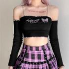Long-sleeve Butterfly Embroidered Chain Strap Cropped Top