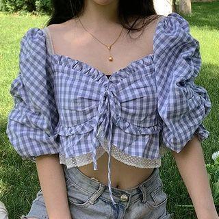 Off-shoulder Plaid Lace-up Top