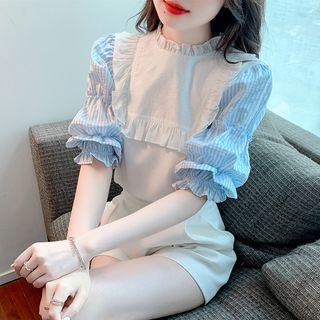 Puff-sleeve Gingham Check Frill Trim Blouse