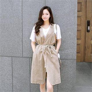 Notched-lapel Linen Blend Vest With Sash