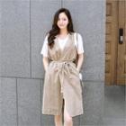 Notched-lapel Linen Blend Vest With Sash